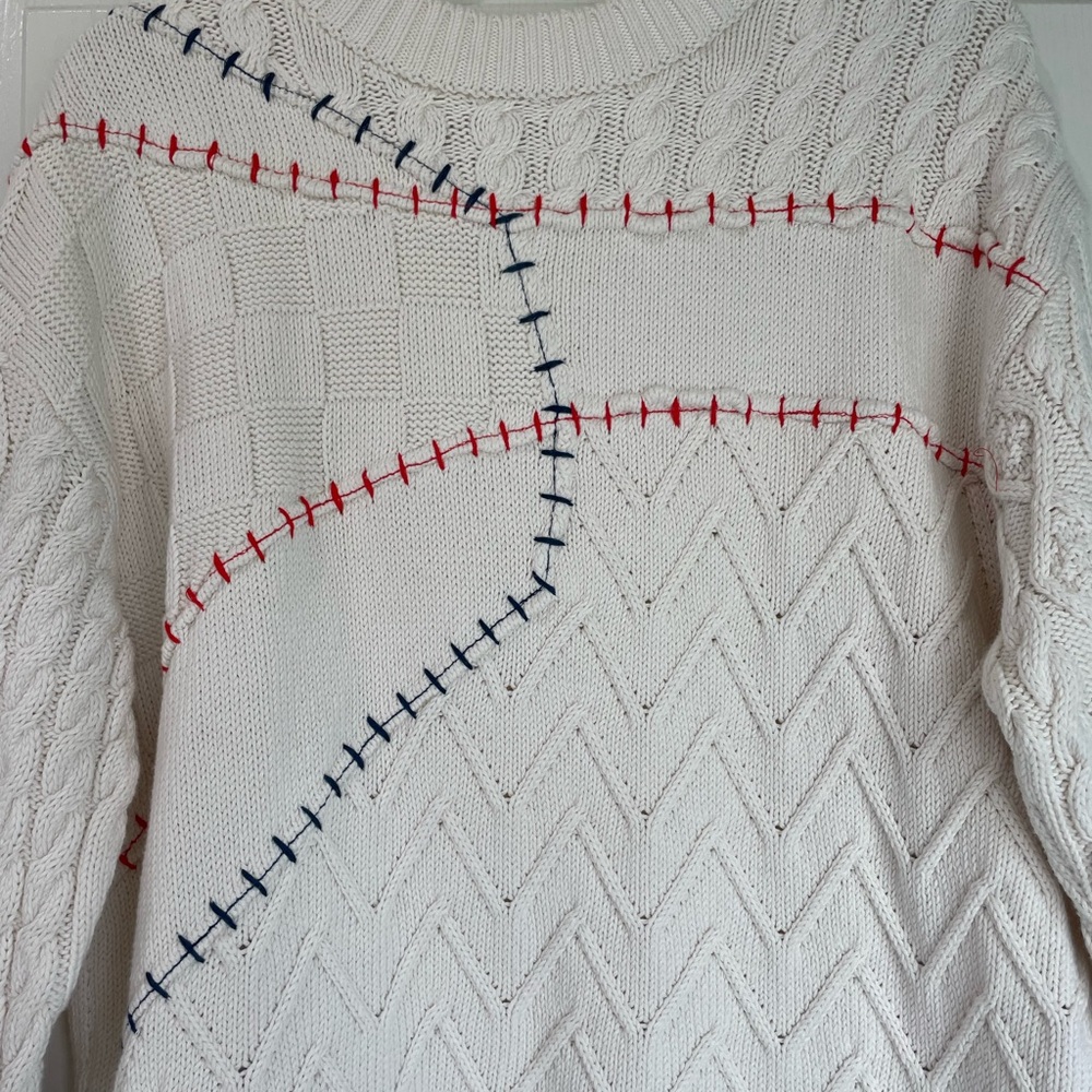 Pilcro Anthropologie Twofer Cable Knit Cream Sweater Blue & Red Stitching Medium - Picture 2 of 7